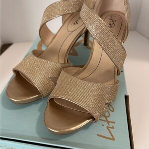 Life Stride Gold Glitter Crisscross Open-Toe Heels